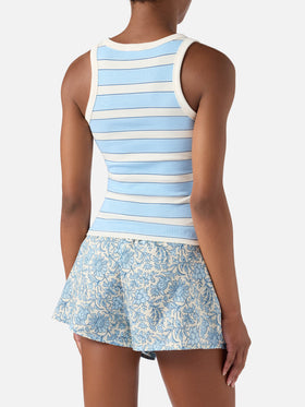 Light blue striped Ada tank top with beach club embroidery