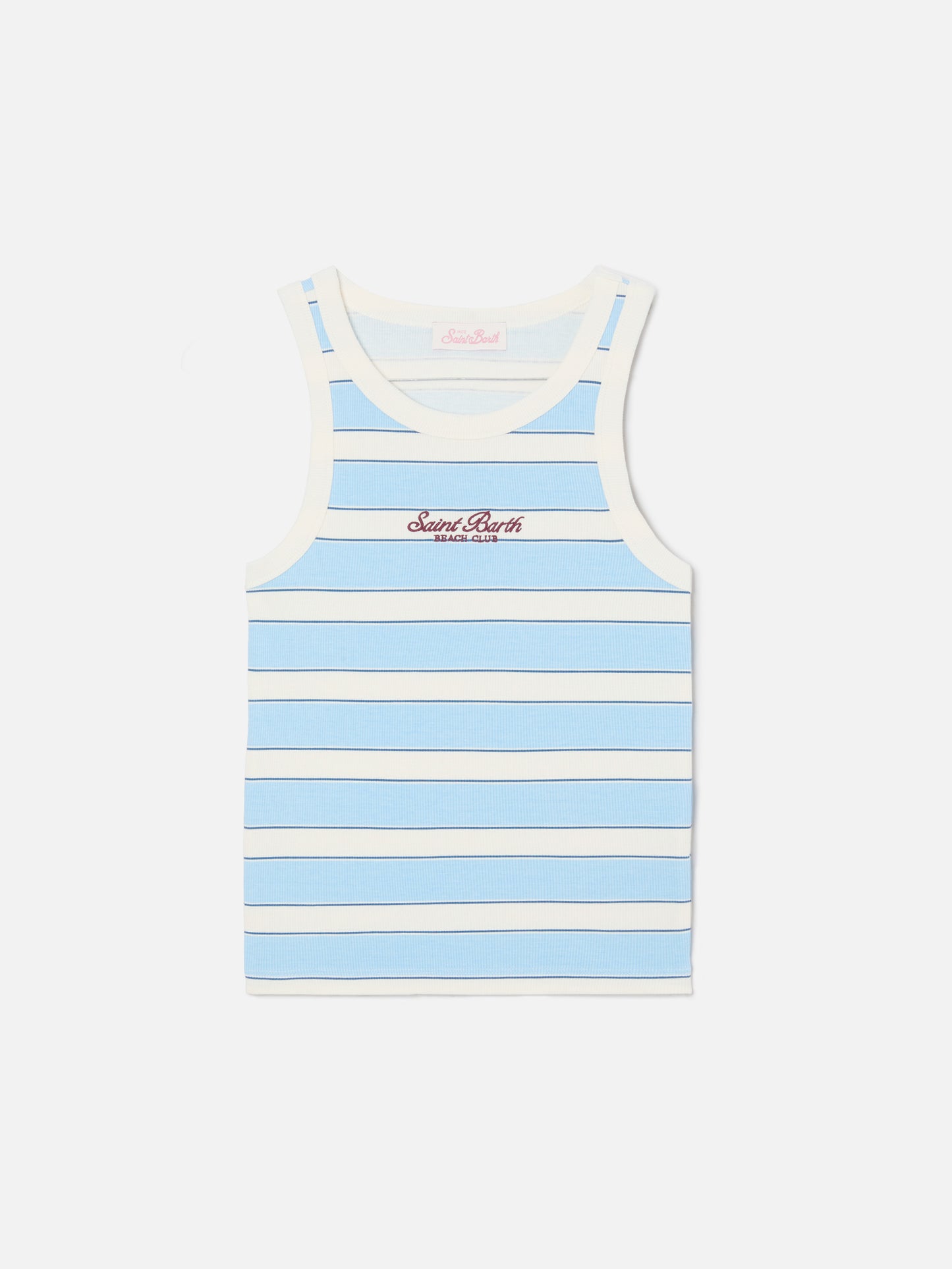 Light blue striped Ada tank top with beach club embroidery