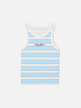 Light blue striped Ada tank top with beach club embroidery