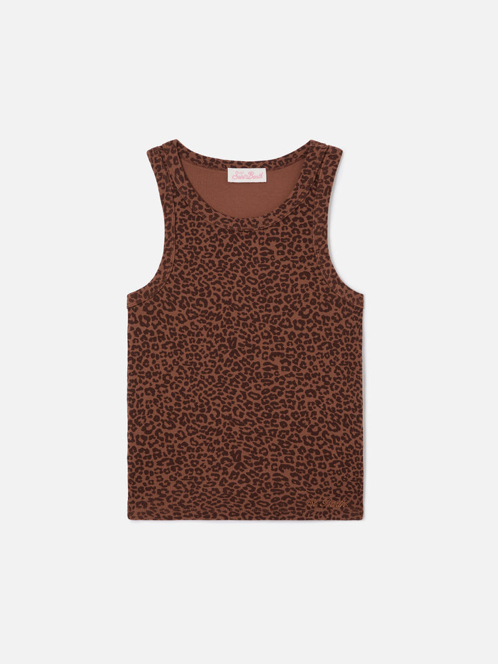 Camiseta de tirantes Ada acanalada con estampado de leopardo y bordado 