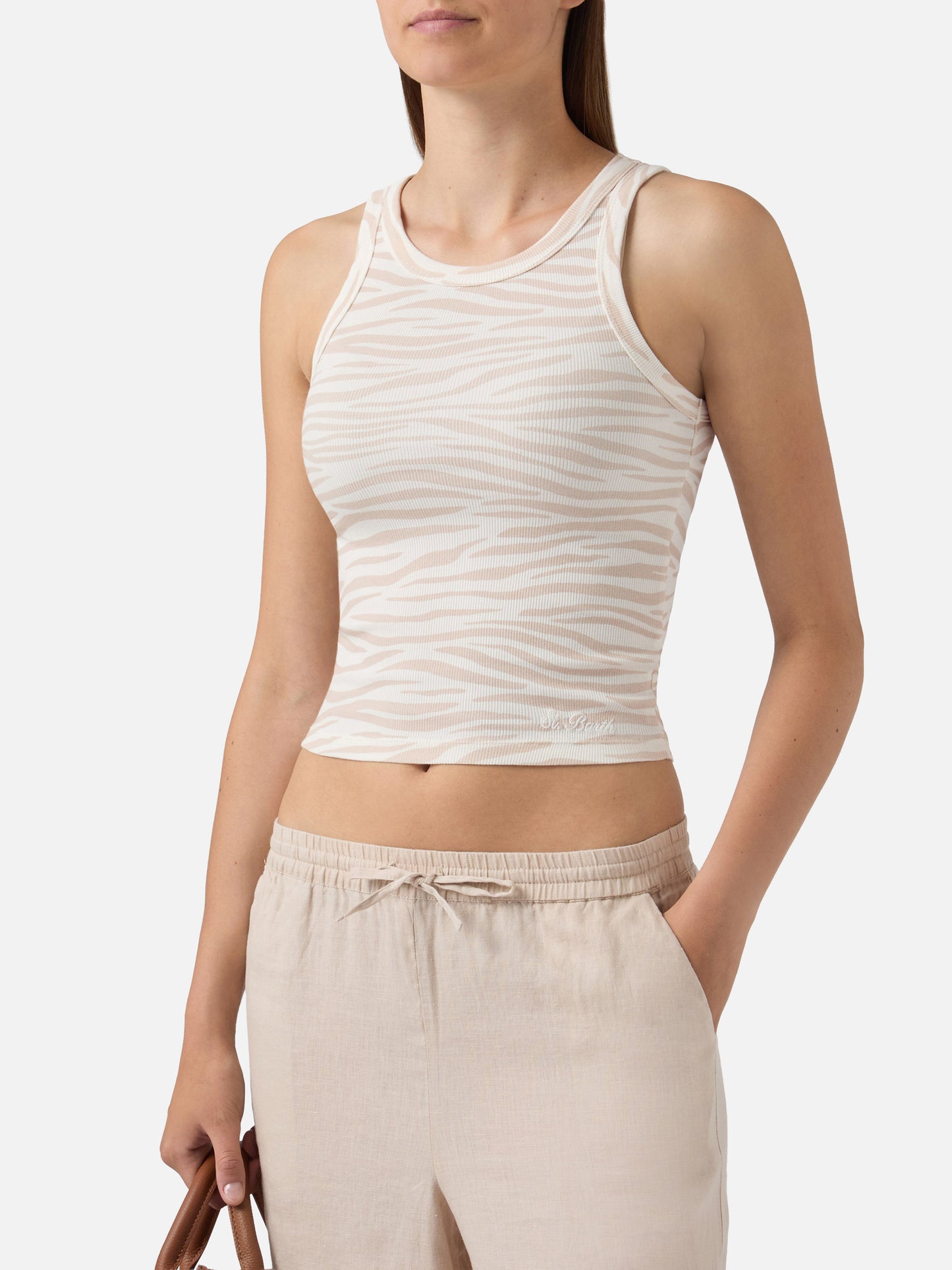 Geripptes Ada-Tanktop mit Zebraprint und Stickerei 