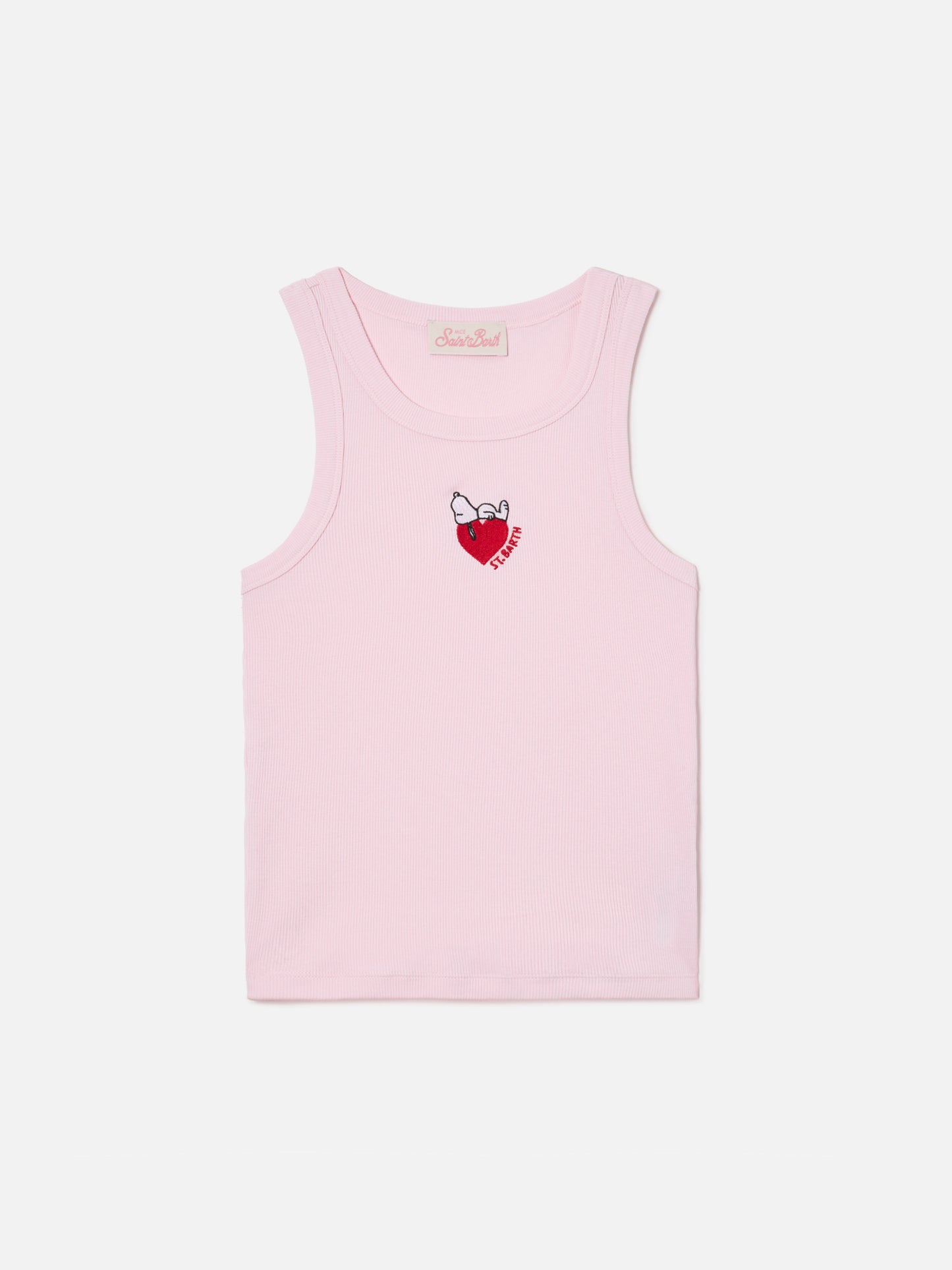 Pink ribbed Ada tank top with Snoopy print and St. Barth Lover embroidery | Special edition