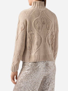 Beigefarbener Alais-Pullover mit Stehkragen aus Kaschmirmischung mit 3D-Blumen