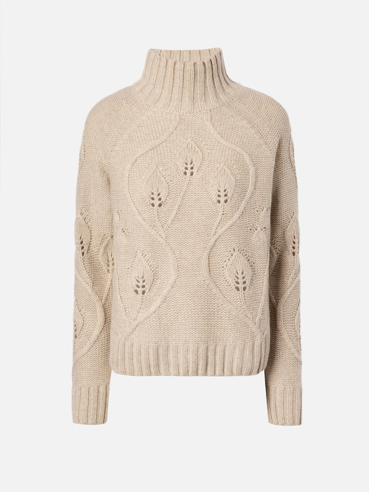 Jersey Alais de cuello alto en beige en mezcla de cachemira con flores 3D 