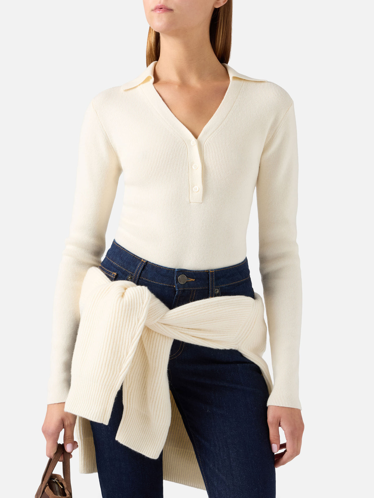 Body en maille de laine Aelis Off white avec col polo 