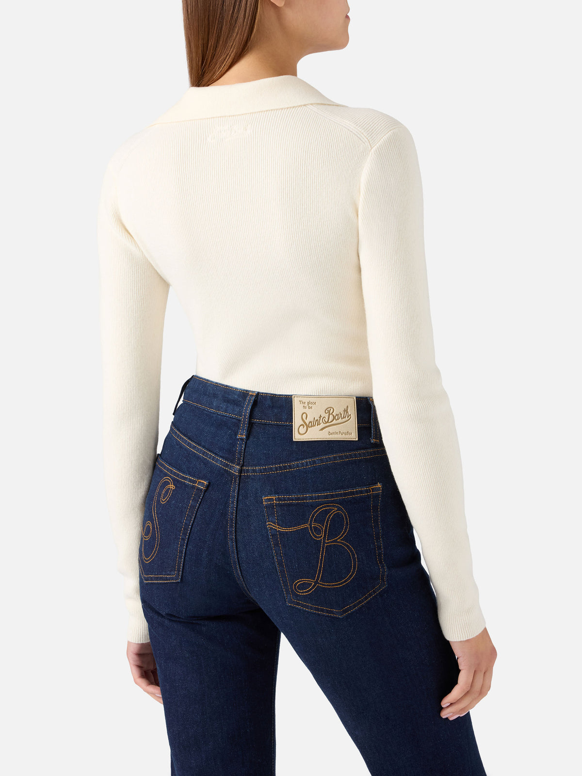 Body en maille de laine Aelis Off white avec col polo 