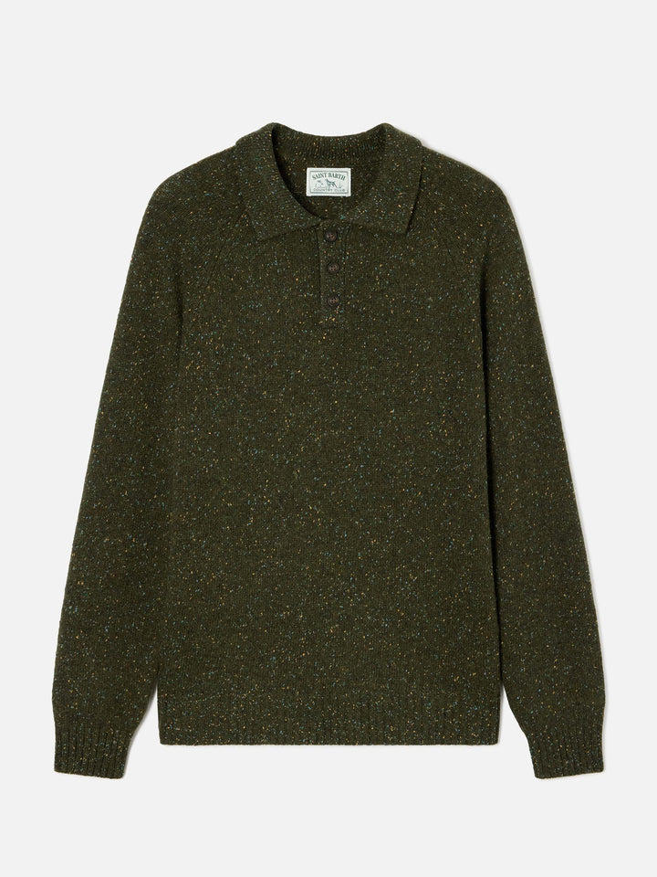 Polo in maglia Alfie verde militare in misto lana Donegal