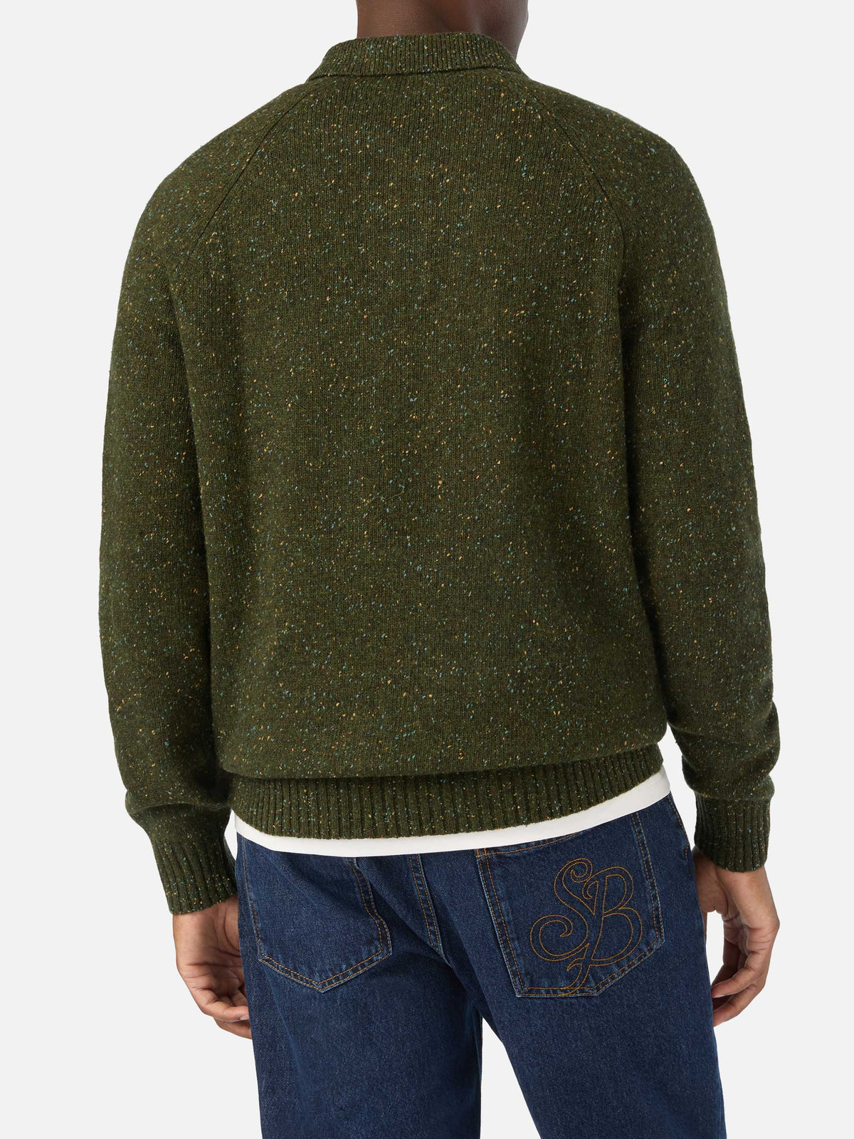 Military green Alfie wool blend Donegal knit polo
