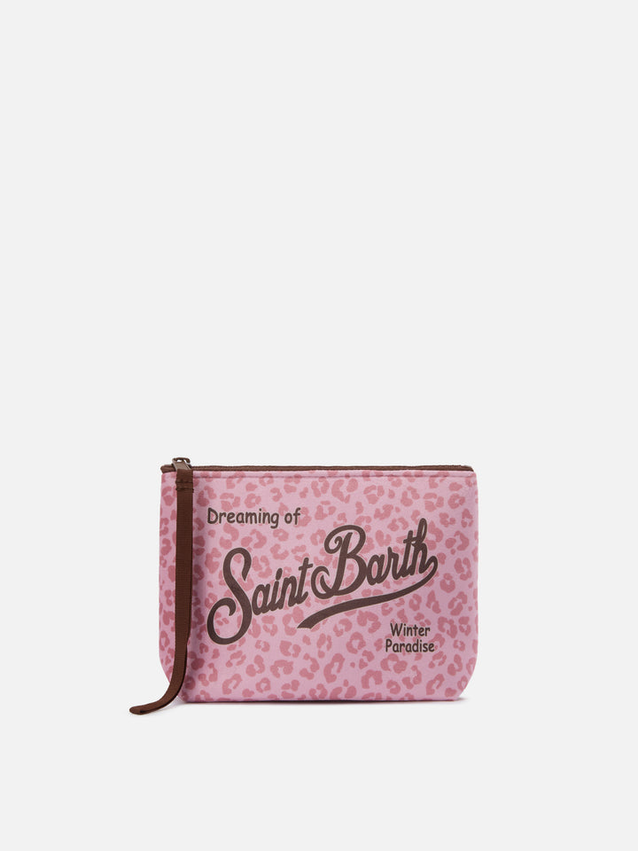 Aline-Pouch aus Stoff in Wolloptik mit rosa Leopardenmuster