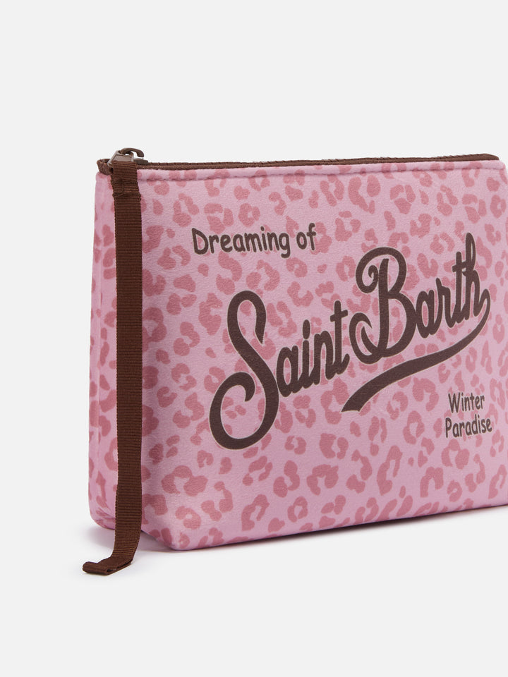 Aline-Pouch aus Stoff in Wolloptik mit rosa Leopardenmuster