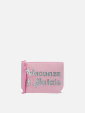 Aline Pouch in pink wool-effect fabric with Christmas Vacation print | VACANZE DI NATALE SPECIAL EDITION