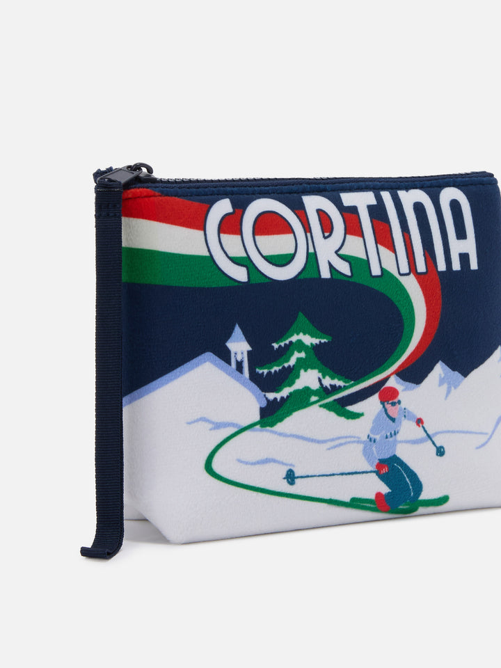 Aline-Pouch aus Stoff in Wolloptik mit Cortina-Skifahrer-Print