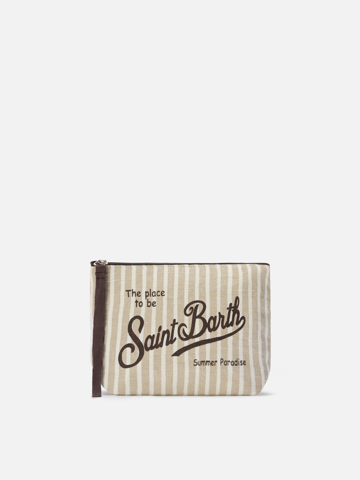 Aline Leinen-Pouch mit beigem Streifenmuster 