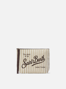 Aline Leinen-Pouch mit beigem Streifenmuster 