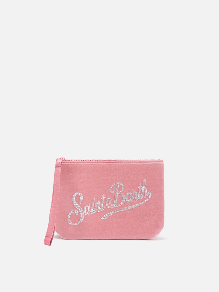 pochette en velours rose Aline avec logo en strass 
