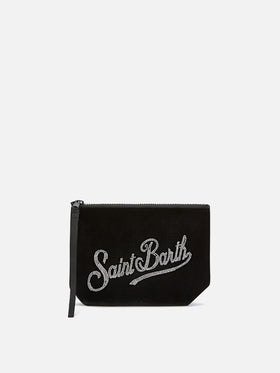 Aline en velours noir pochette avec logo en strass 