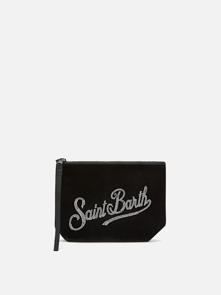 Aline en velours noir pochette avec logo en strass 