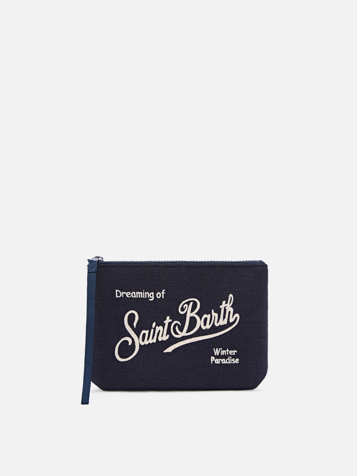 Mélange de laine bleu marine blue Aline pochette avec broderie du logo 