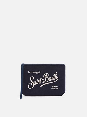 Mélange de laine bleu marine blue Aline pochette avec broderie du logo 