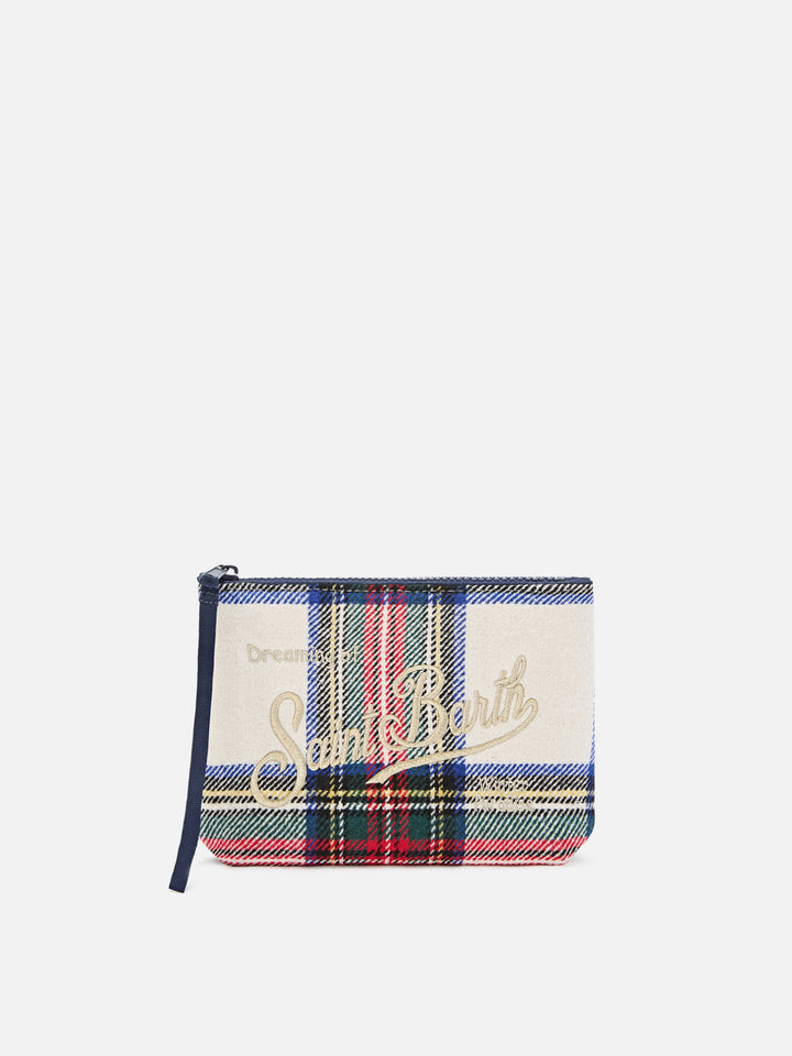 Aline Wollmischung pochette mit Tartanmuster und Logostickerei 