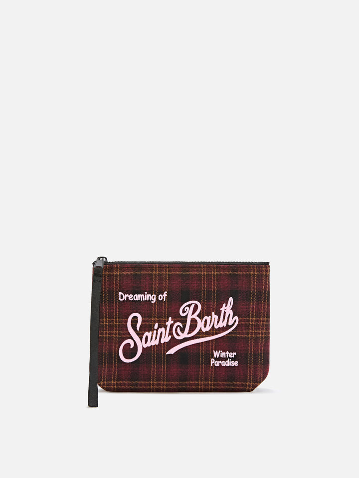 Aline Wollmischung pochette mit Tartanmuster und Logostickerei 