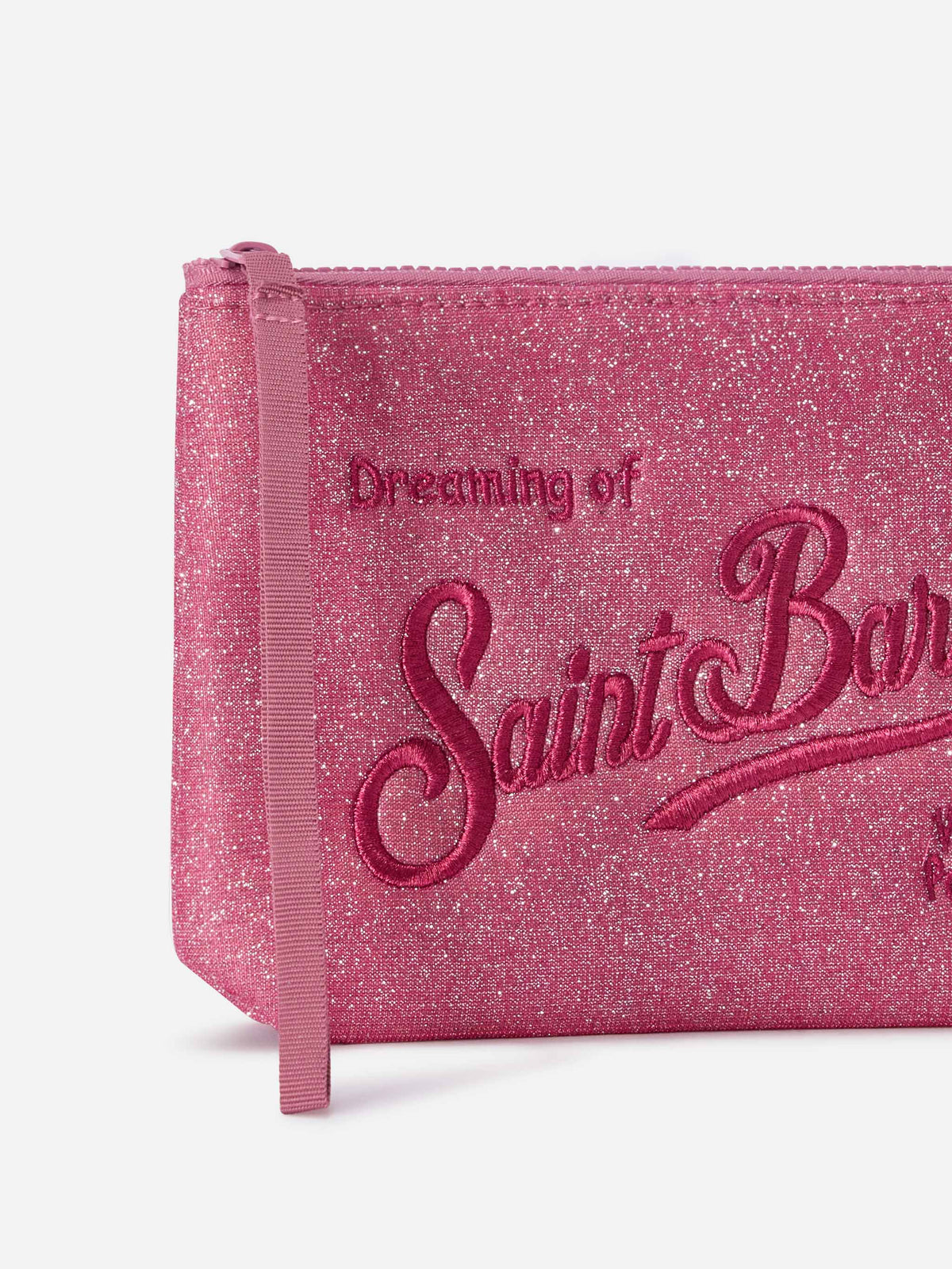 Bikini de lurex pochette fucsia Aline con bordado del logo 