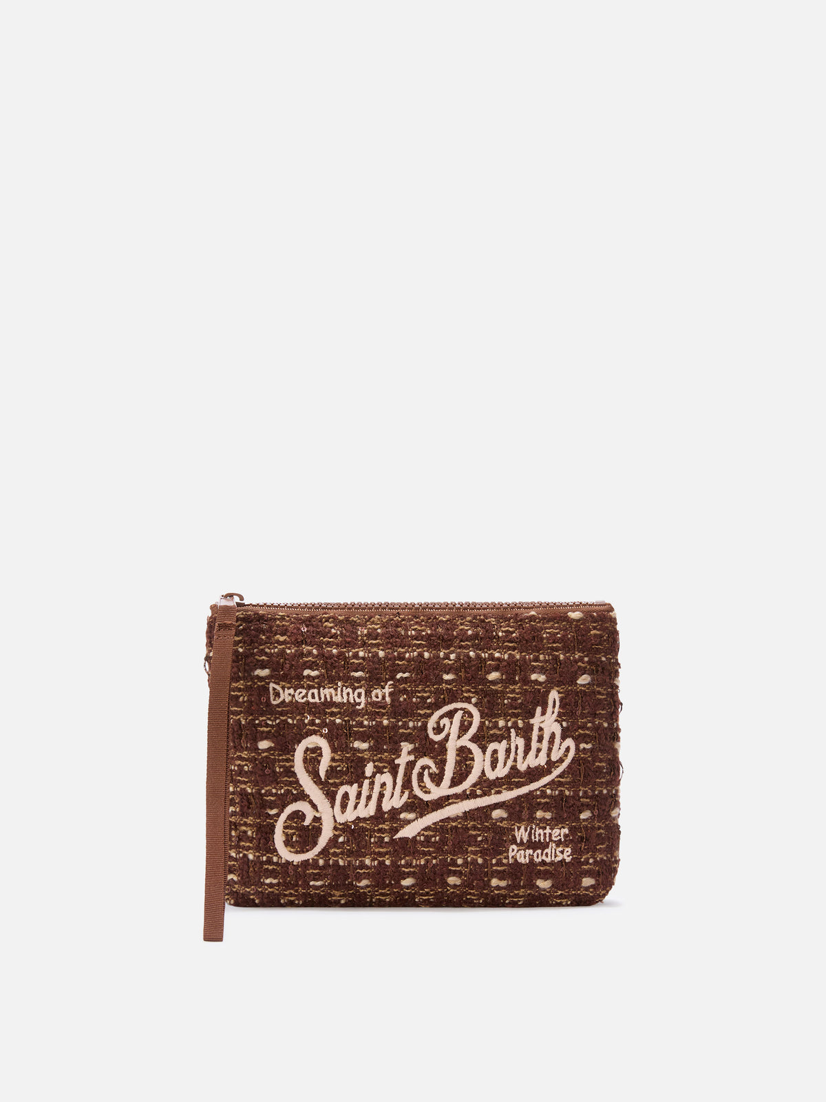 pochette en tweed marron Aline avec broderie logo 