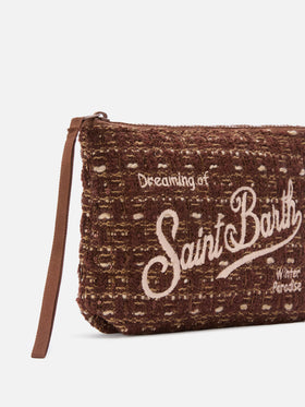 pochette en tweed marron Aline avec broderie logo 