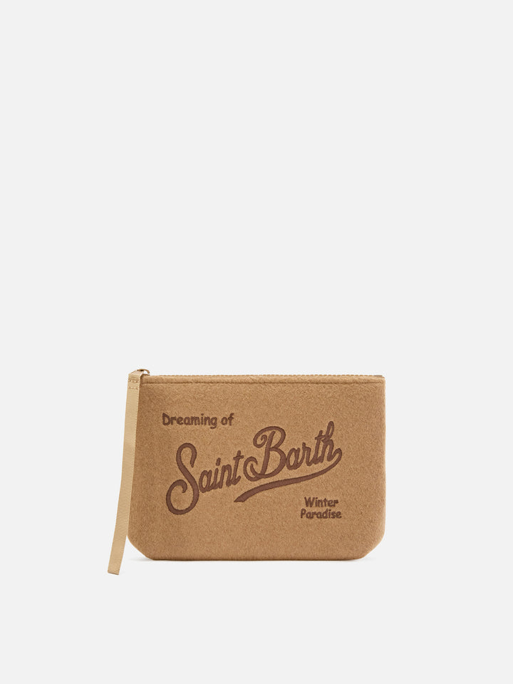 Pochette Aline beige in feltro con ricamo logo