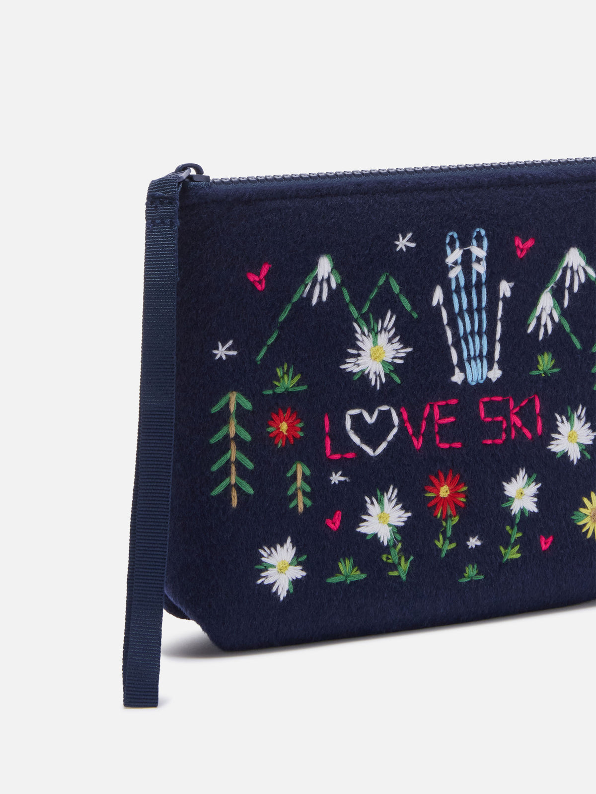 Navy blue Aline felt pochette with embroidered flowers and hearts