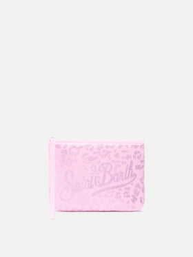 Pochette Aline en scuba avec imprimé léopard et ornement de strass 
