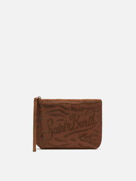 Aline scuba brown pouch with zebra print and applied rhinestones