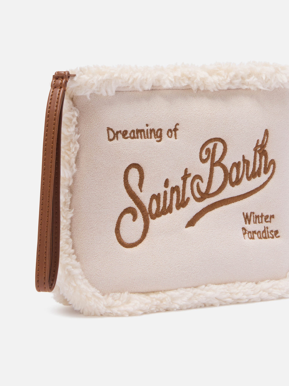 Fausse peau lainée pochette blanc cassé Aline avec broderie logo 