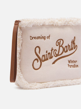 Fausse peau lainée pochette blanc cassé Aline avec broderie logo 