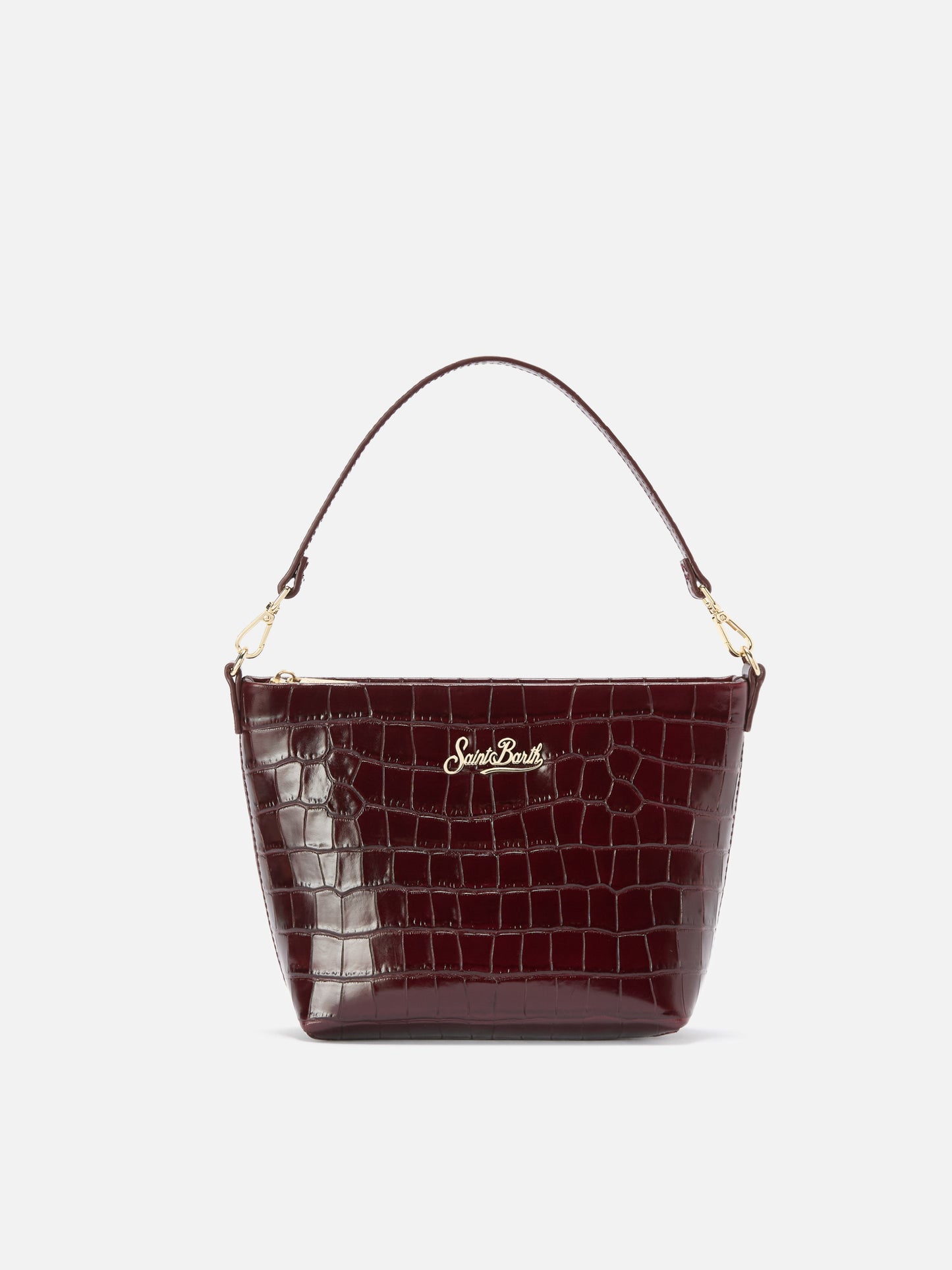 Aline Schultertasche aus bordeauxfarbenem Leder mit Krokodilprägung