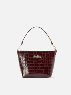 Aline Schultertasche aus bordeauxfarbenem Leder mit Krokodilprägung