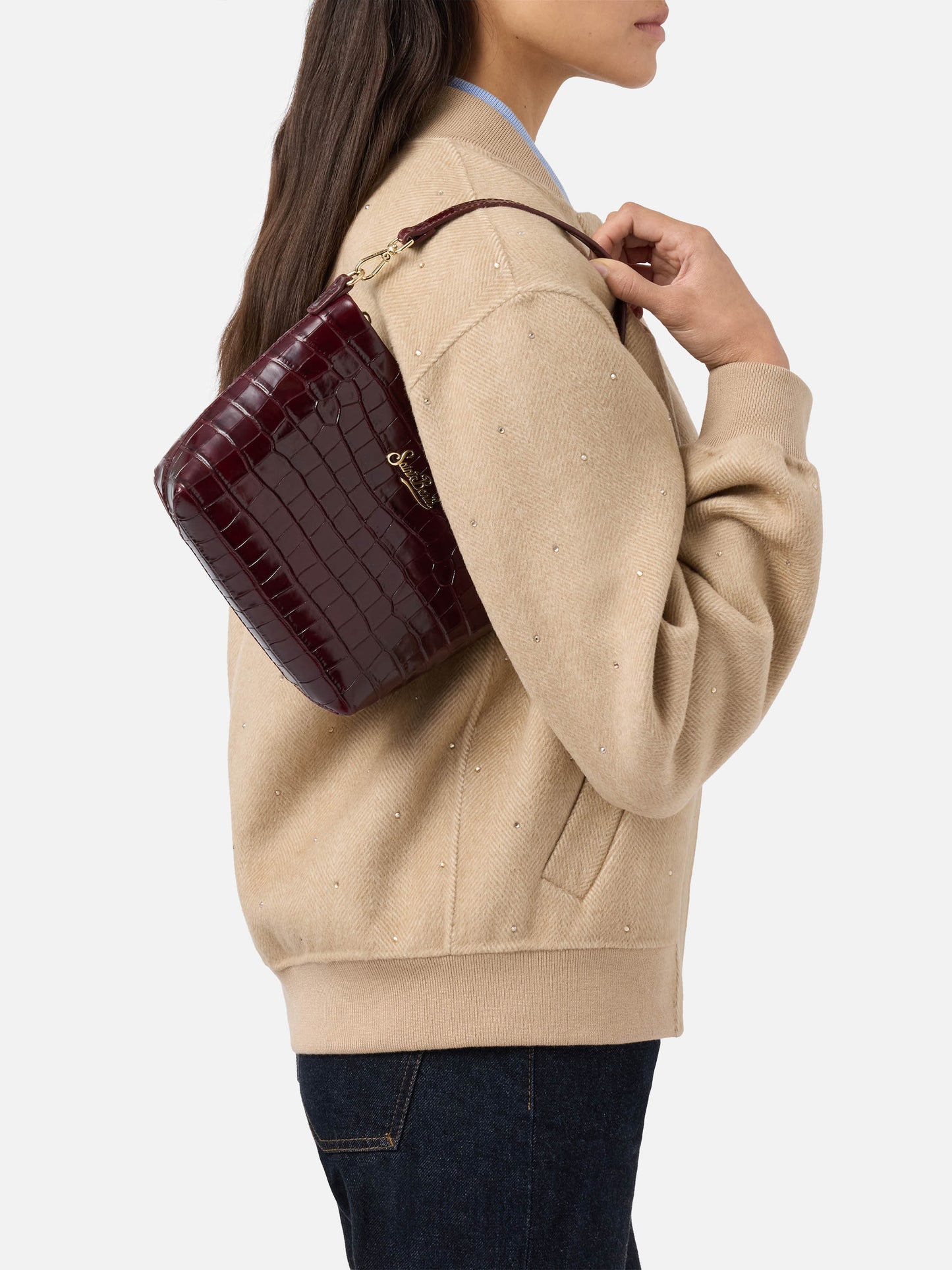 Aline Schultertasche aus bordeauxfarbenem Leder mit Krokodilprägung