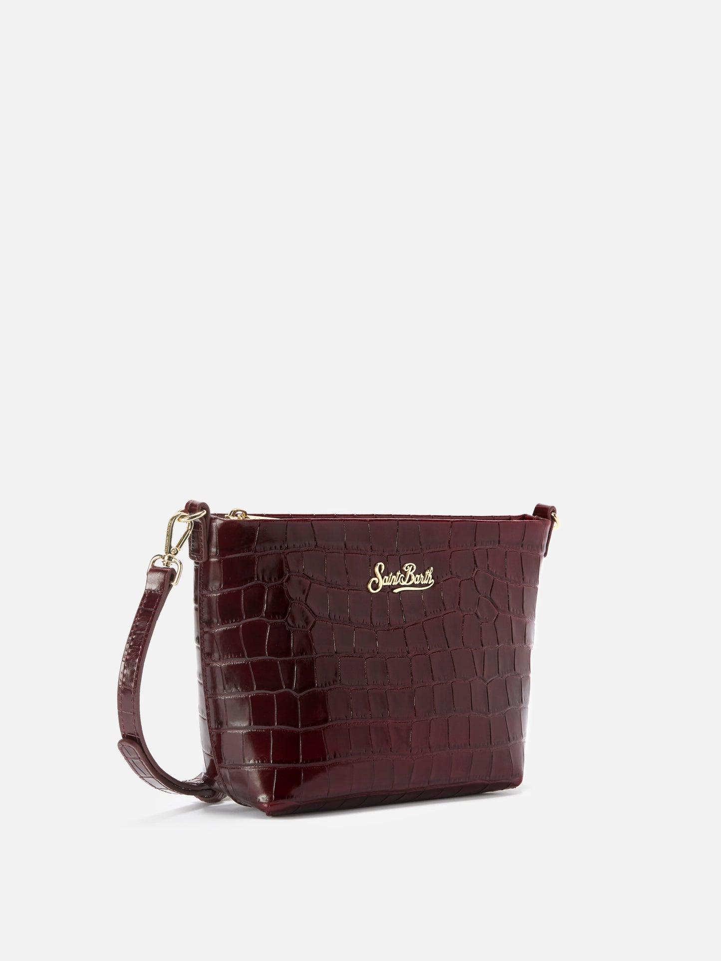 Aline Schultertasche aus bordeauxfarbenem Leder mit Krokodilprägung