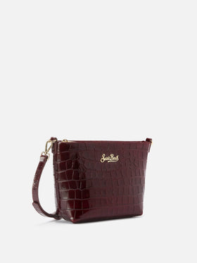 Aline Schultertasche aus bordeauxfarbenem Leder mit Krokodilprägung