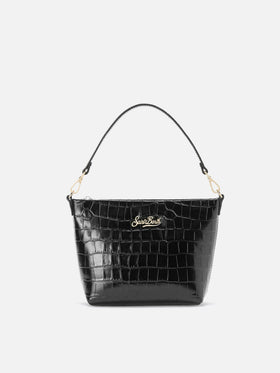 Aline Schultertasche aus schwarzem Leder mit Krokodilprägung