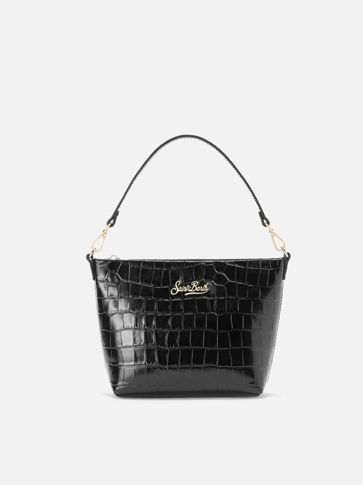 Aline Schultertasche aus schwarzem Leder mit Krokodilprägung