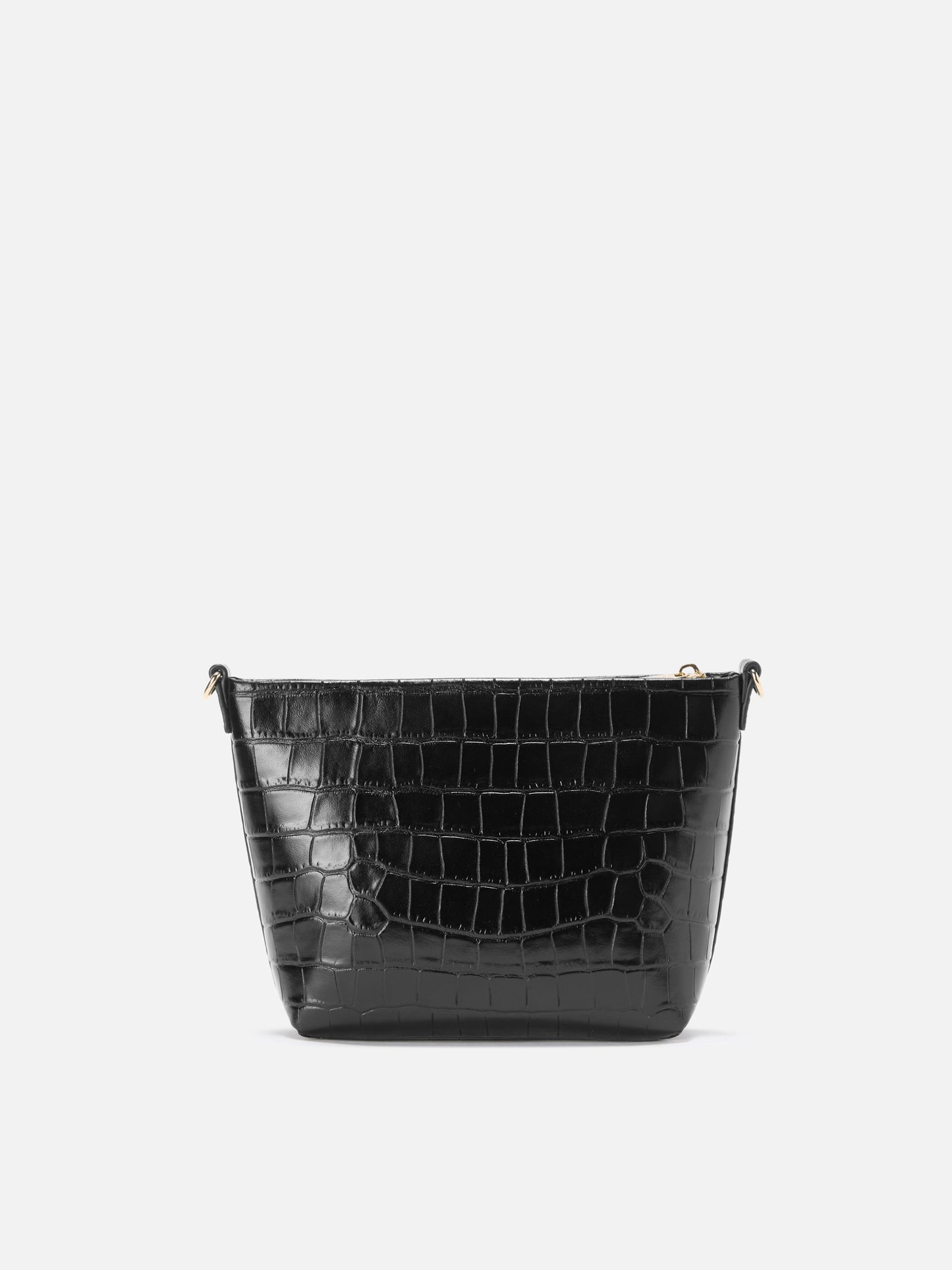 Aline Schultertasche aus schwarzem Leder mit Krokodilprägung