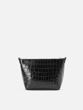 Aline Schultertasche aus schwarzem Leder mit Krokodilprägung