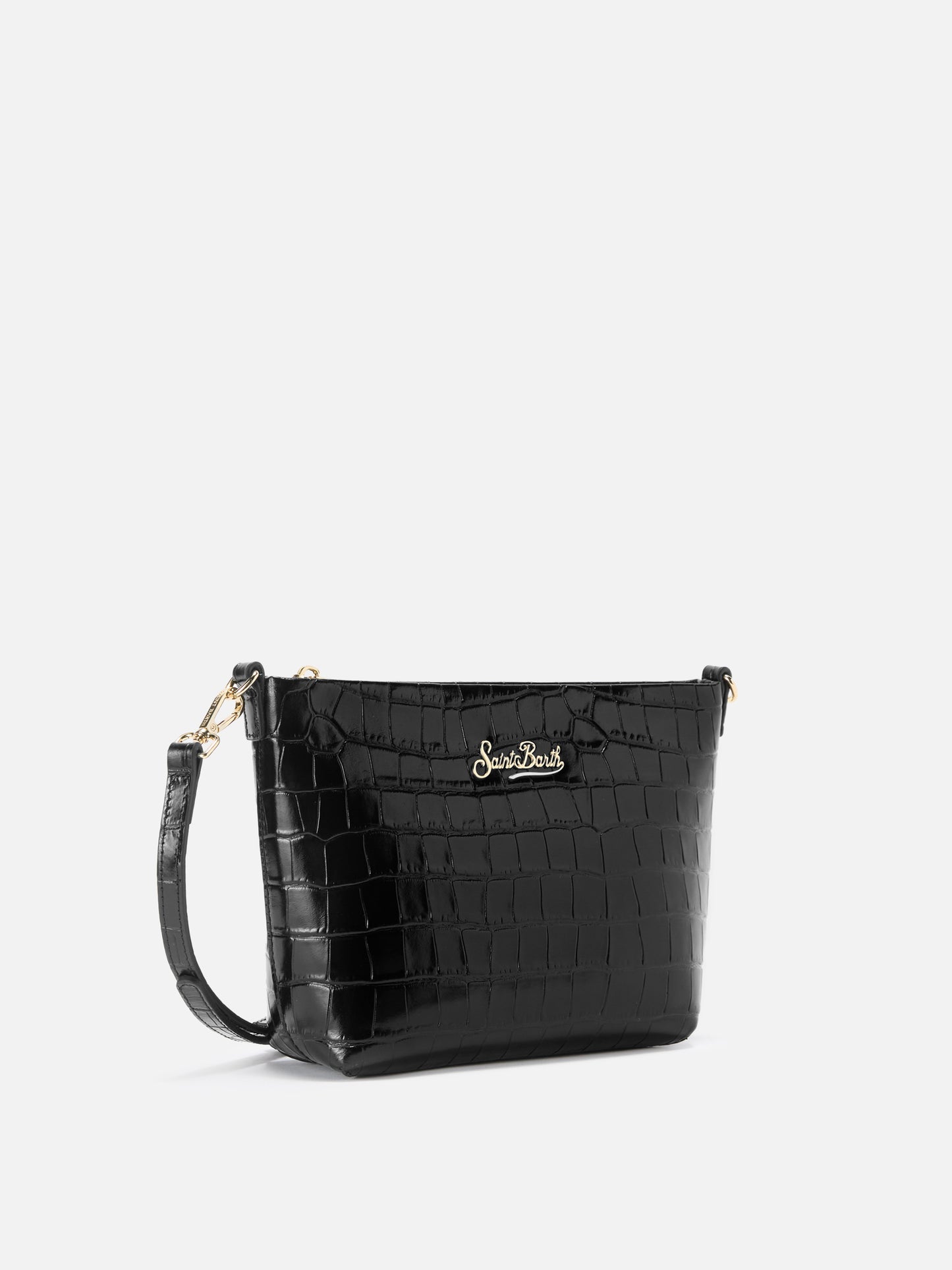 Aline Schultertasche aus schwarzem Leder mit Krokodilprägung