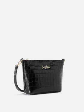 Aline Schultertasche aus schwarzem Leder mit Krokodilprägung