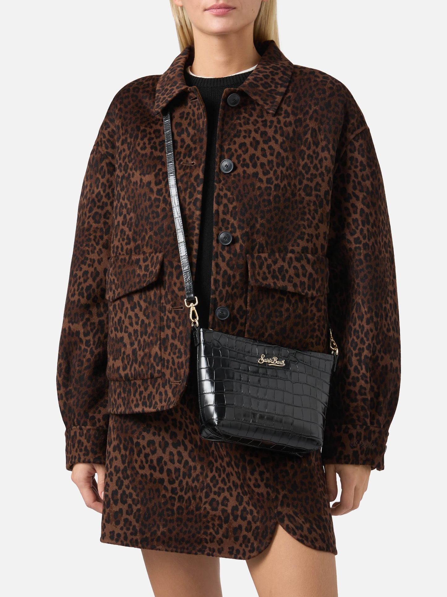 Aline Schultertasche aus schwarzem Leder mit Krokodilprägung