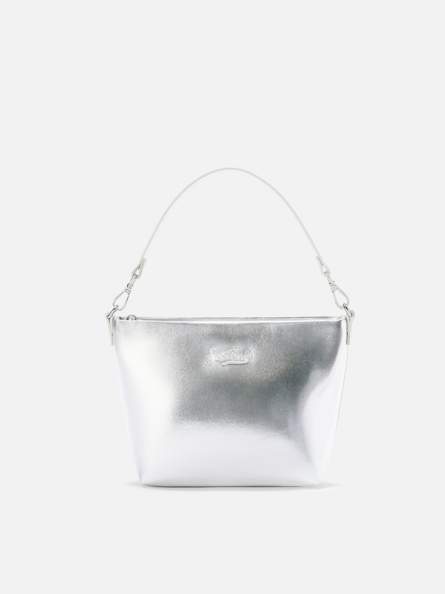 Aline Schultertasche aus silberfarbenem Laminatleder