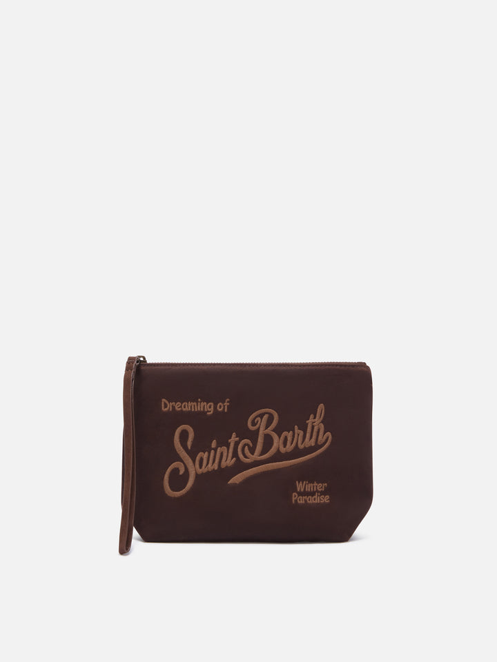 Braune gewachste pochette aus Aline mit Logostickerei 