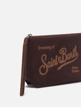 Brown Aline waxed pochette with logo embroidery