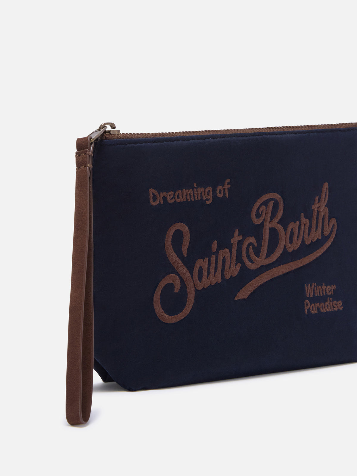 Marineblauer blue Aline aus gewachstem pochette mit Logostickerei 